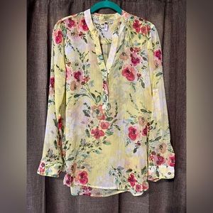 Kut From The Kloth Womens Top Small Yellow Floral Sheer Roll Tab Sleeves Blouse